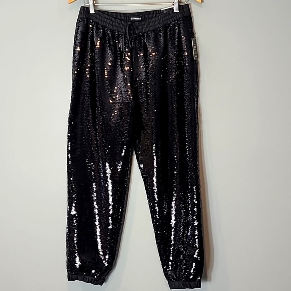 Express Black Sequin Jogger Pants NWT